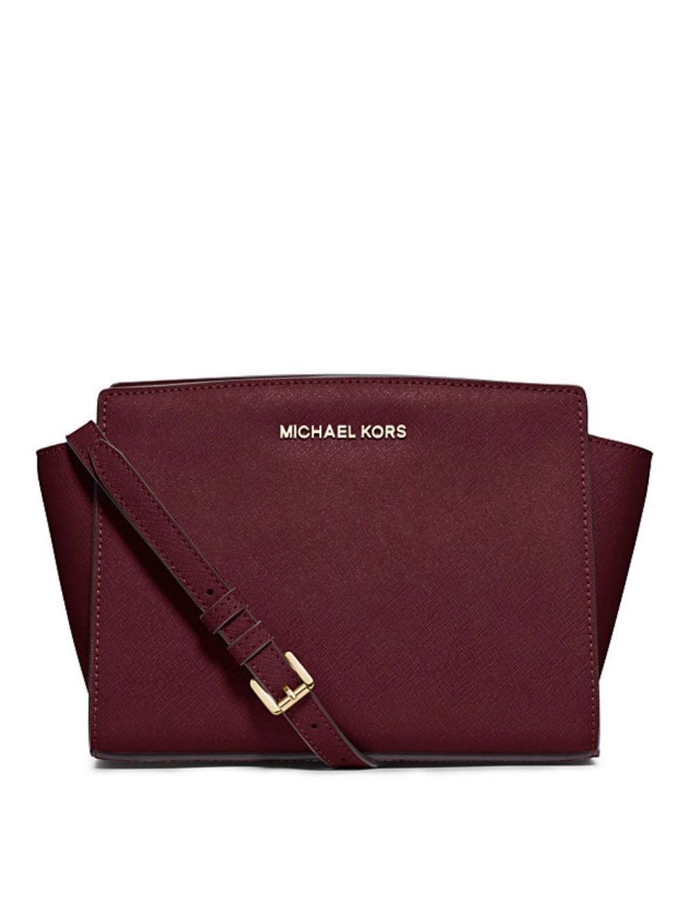 Michael Kors Selma Burgundy Saffiano Leather Crossbody Bag with Gold Hardware